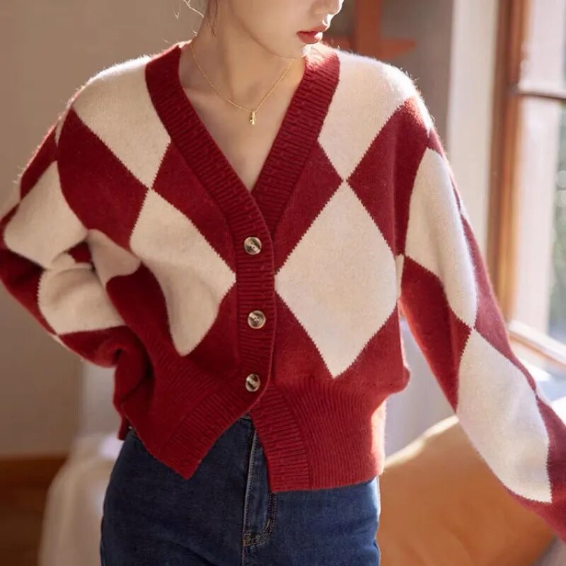 2023 Autumn/Winter Short Coat New Retro V-neck Contrast Knitted Sweater Cardigan