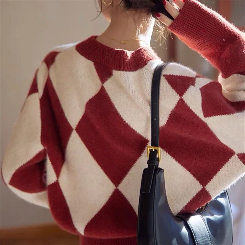 2023 Autumn/Winter Short Coat New Retro V-neck Contrast Knitted Sweater Cardigan