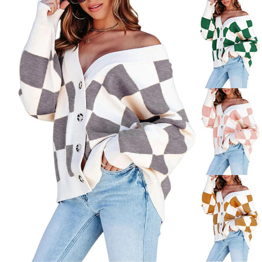 2023 Autumn/Winter Women's Casual Loose Checkerboard Contrast V-neck Button Long Sleeve Knitted Cardigan Sweater Top Coat