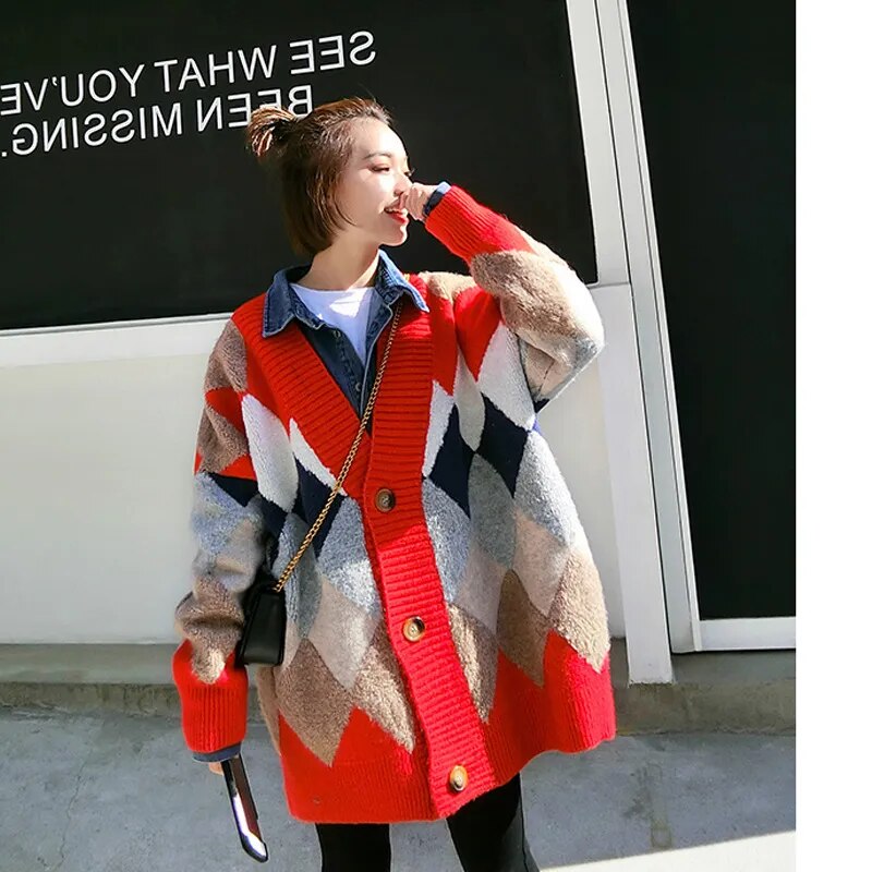 2023 Autumn and Winter New Knitted Long Sleeve Lazy Loose Thickened Cardigan Sweater Coat Women