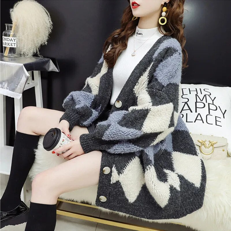 2023 Autumn and Winter New Knitted Long Sleeve Lazy Loose Thickened Cardigan Sweater Coat Women