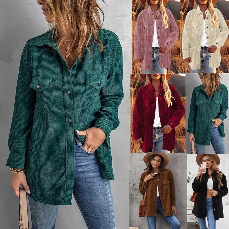 2023 Autumn and Winter New Thickened Shirt Corduroy Lapel Button Loose Casual Coat for Women