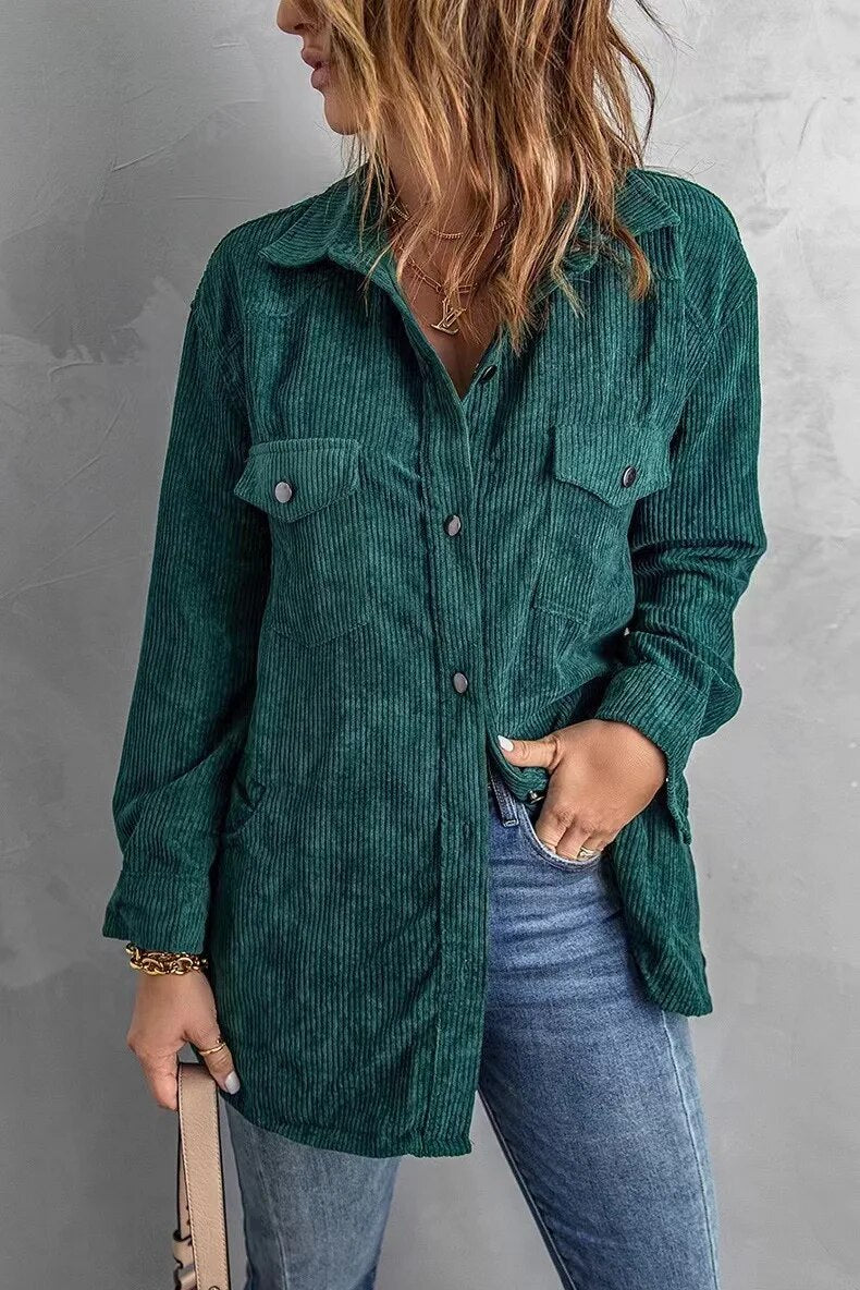 2023 Autumn and Winter New Thickened Shirt Corduroy Lapel Button Loose Casual Coat for Women