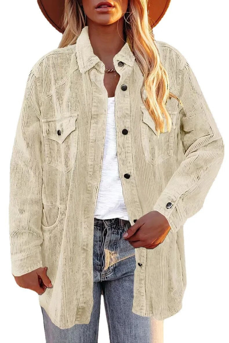 2023 Autumn and Winter New Thickened Shirt Corduroy Lapel Button Loose Casual Coat for Women