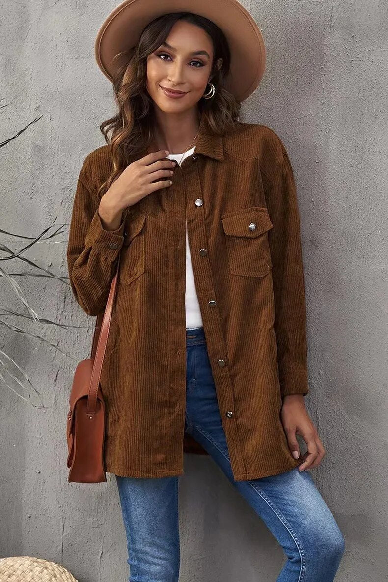 2023 Autumn and Winter New Thickened Shirt Corduroy Lapel Button Loose Casual Coat for Women