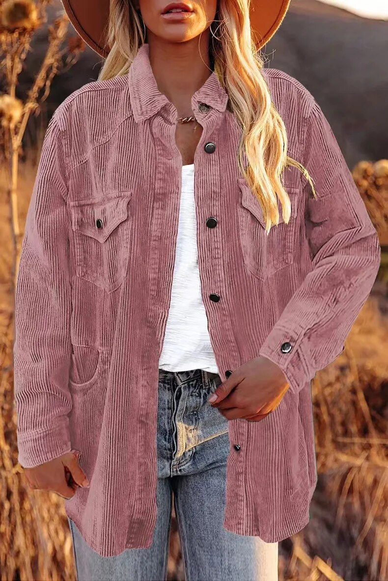 2023 Autumn and Winter New Thickened Shirt Corduroy Lapel Button Loose Casual Coat for Women