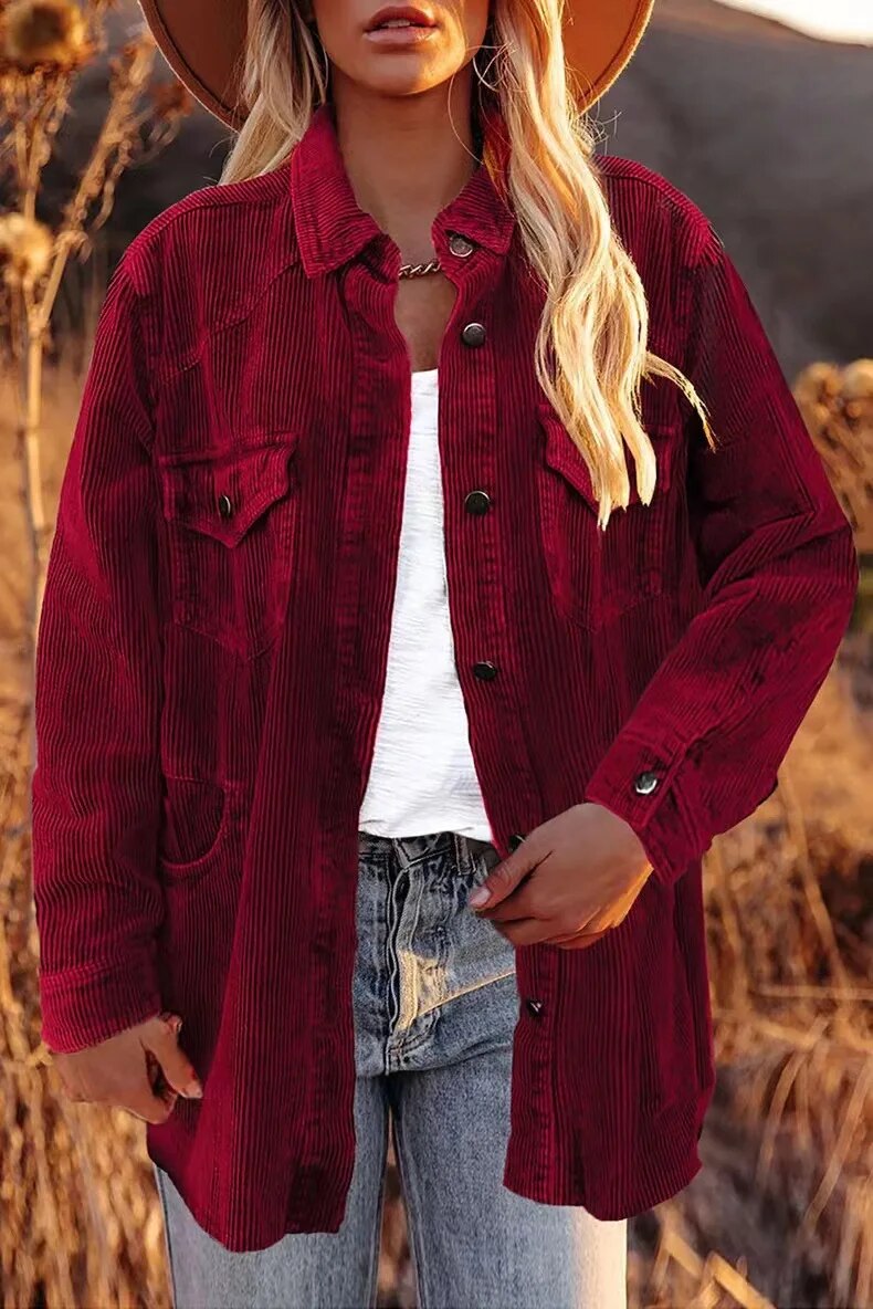 2023 Autumn and Winter New Thickened Shirt Corduroy Lapel Button Loose Casual Coat for Women