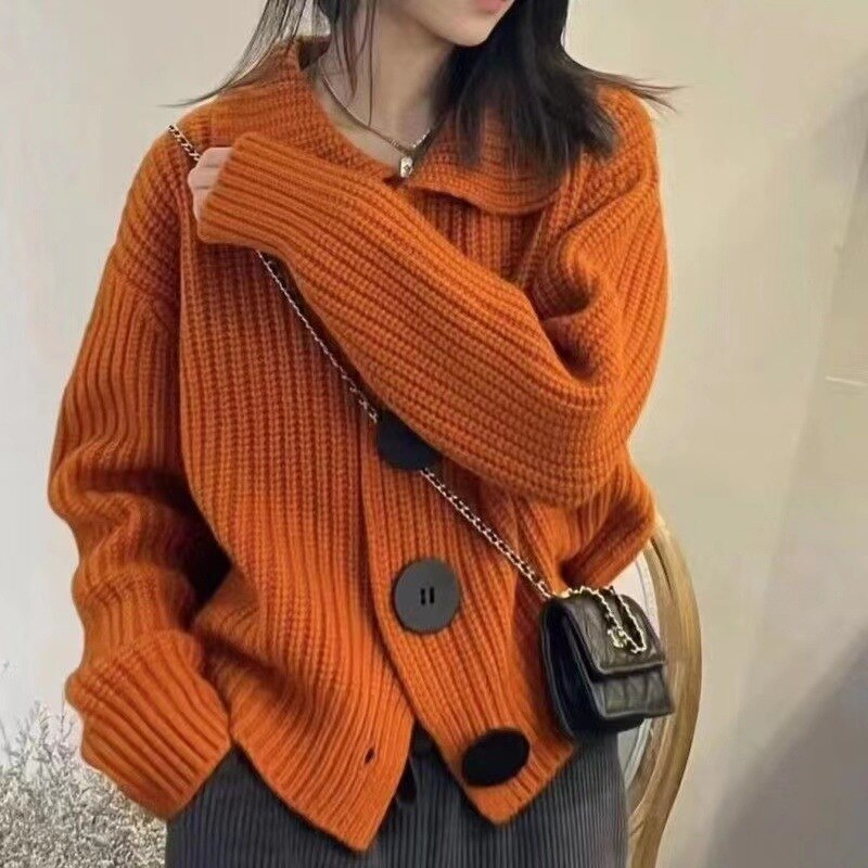 2023 Autumn and Winter New Women's Cardigan Coat Women's Top Loose Korean Fashion Big Button Polo Knitted Sweater