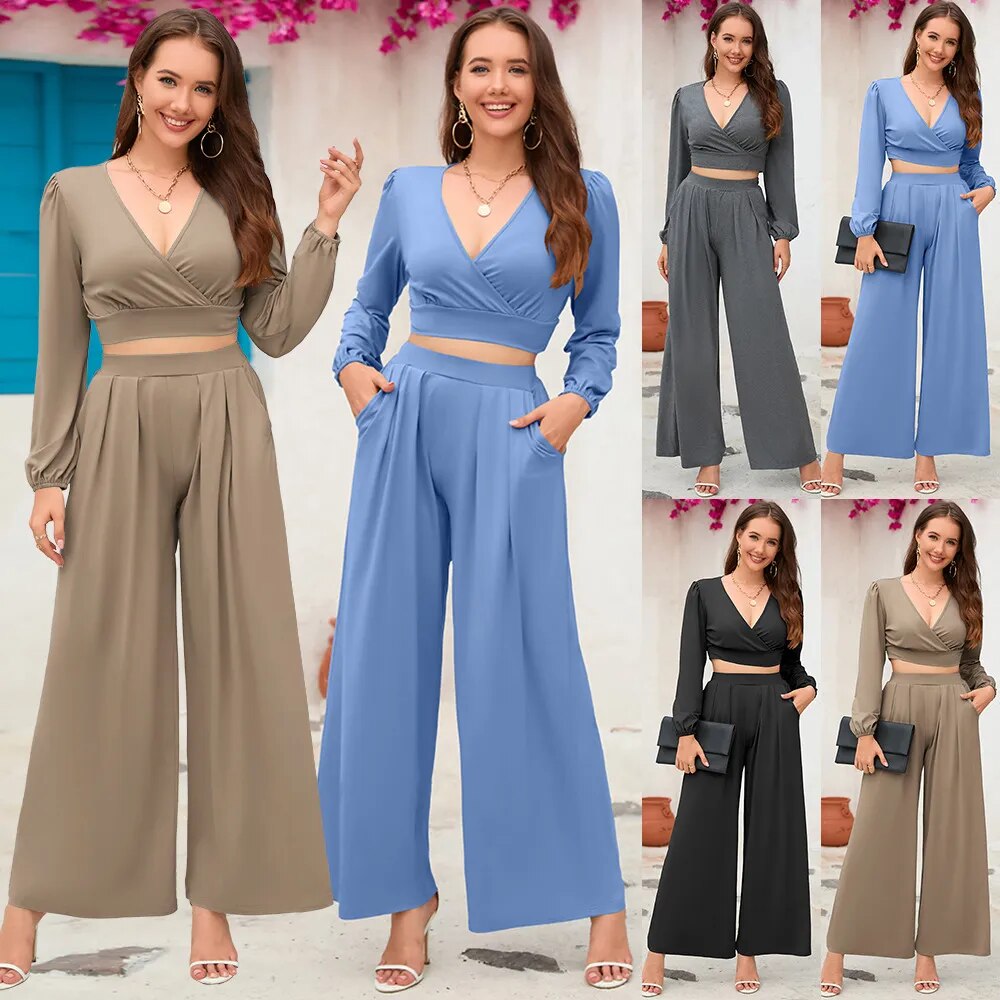 2023 Autumn and Winter New Women's V-neck Long-sleeved Short Top Straight-leg Trousers Two-piece Set