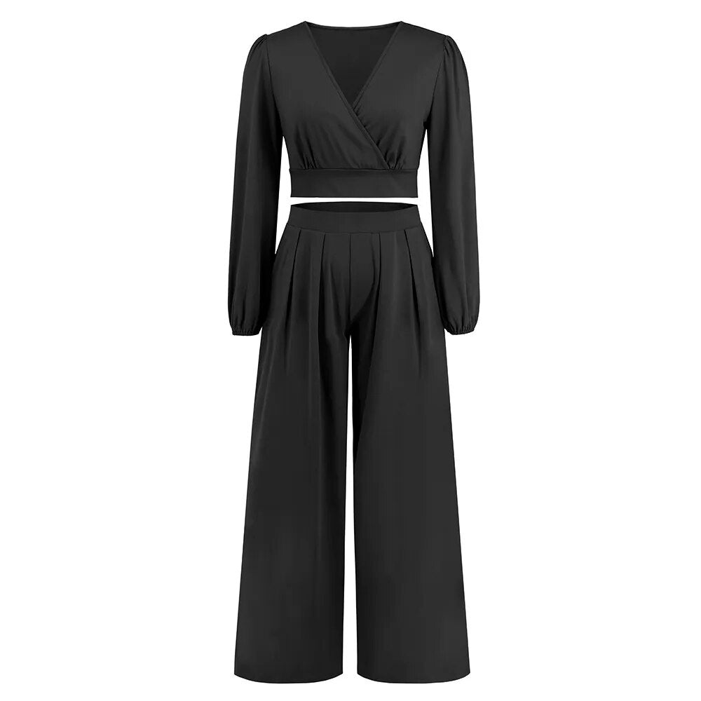 2023 Autumn and Winter New Women's V-neck Long-sleeved Short Top Straight-leg Trousers Two-piece Set