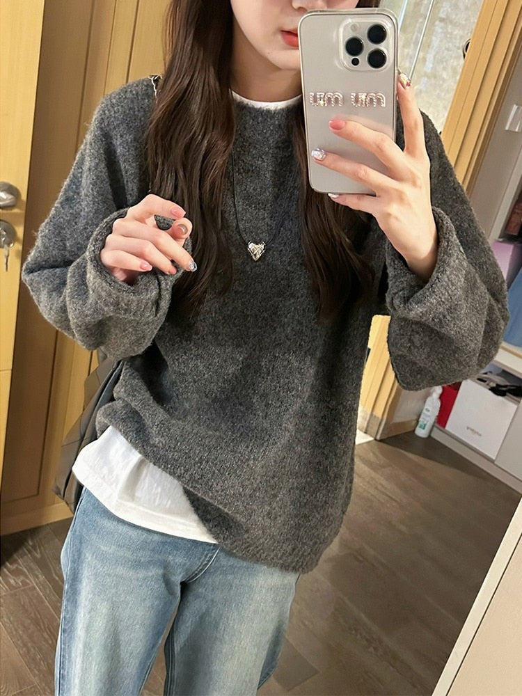 2023 Autumn and Winter Soft Glutinous Loose Solid Color Long Sleeved Sweater