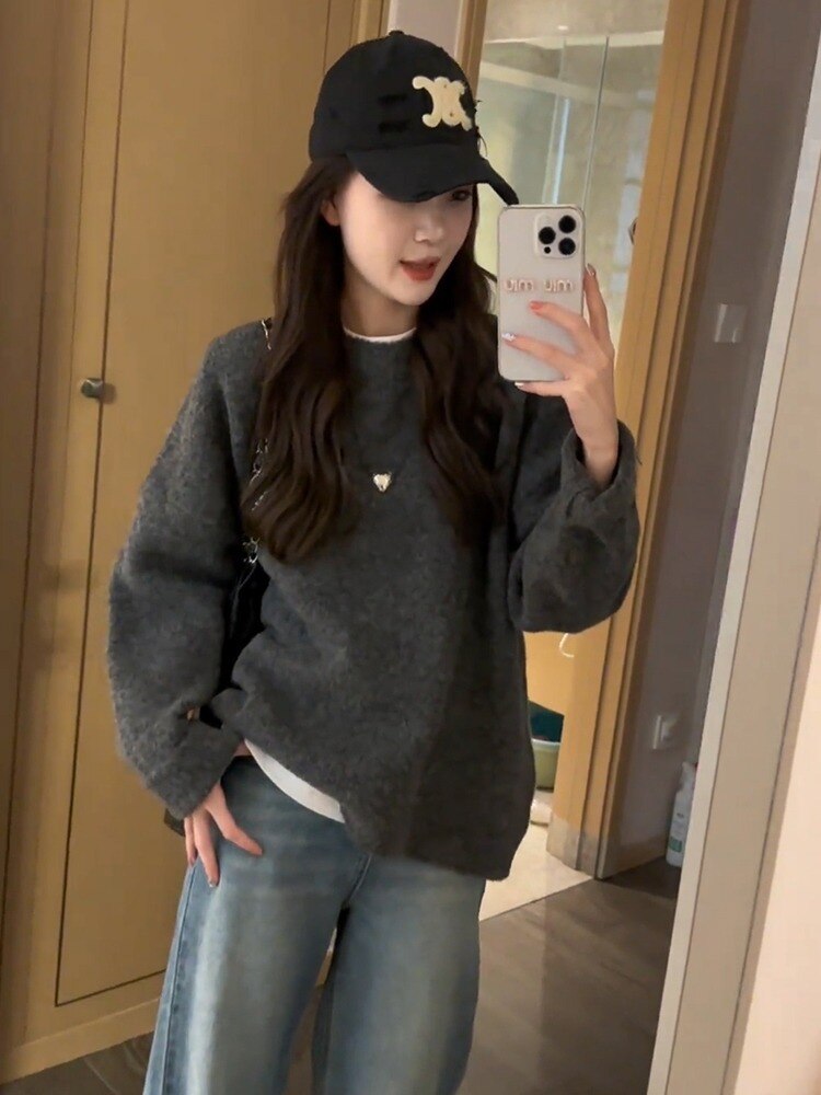 2023 Autumn and Winter Soft Glutinous Loose Solid Color Long Sleeved Sweater