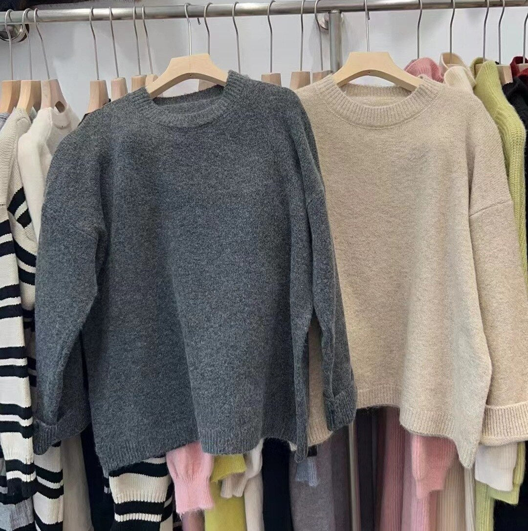 2023 Autumn and Winter Soft Glutinous Loose Solid Color Long Sleeved Sweater