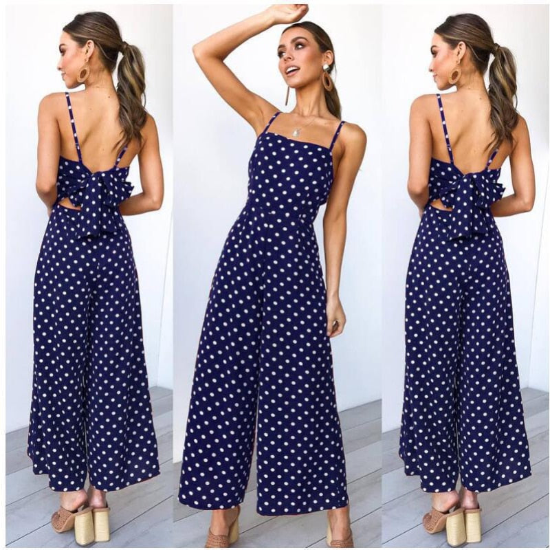 2023 Casual Spaghetti Straps Polka-dot Backless Lace Up Long Jumpsuit