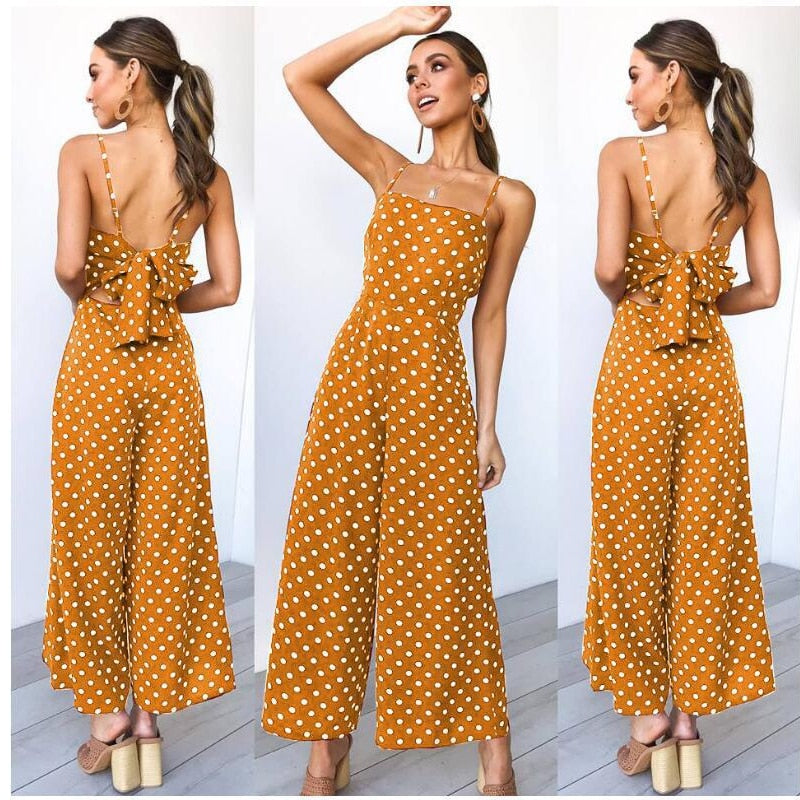 2023 Casual Spaghetti Straps Polka-dot Backless Lace Up Long Jumpsuit