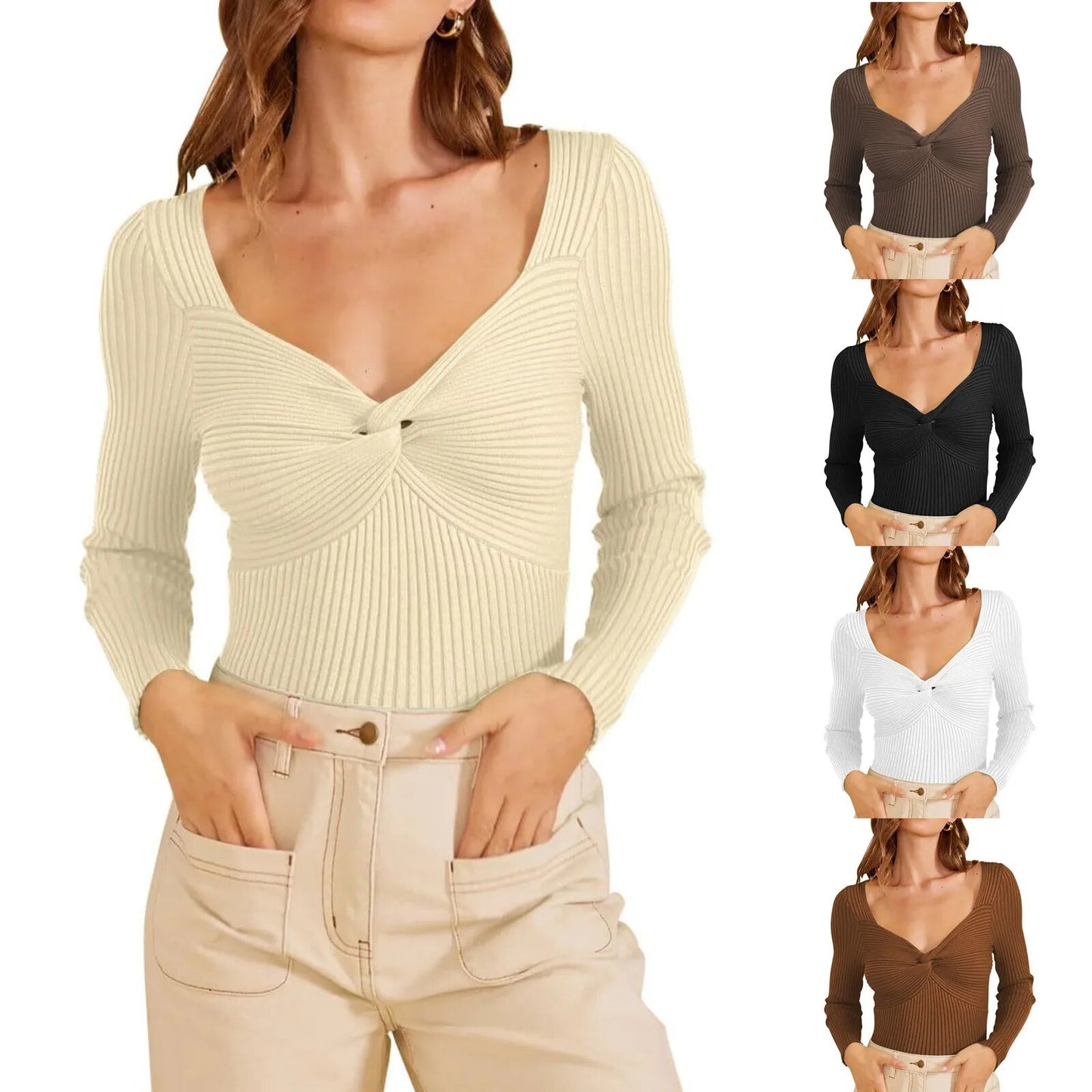 2023 Chic V-neck Chest Cross Long-sleeved Sweater Woman