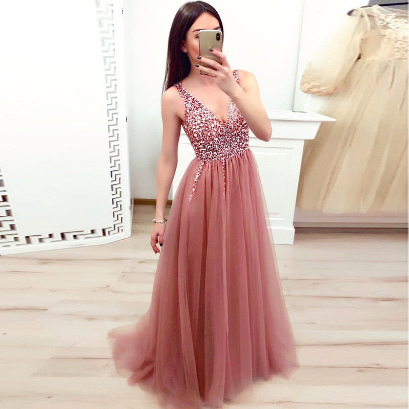 2023 Elegant Deep V-neck Backless Formal Wedding Evening Long Dress