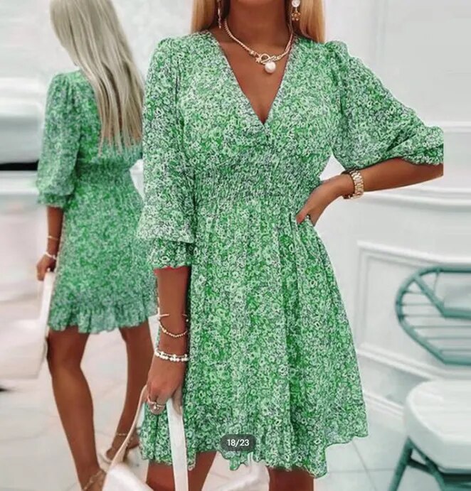 2023 Half Sleeves Print Flowers Short Chiffon Dress