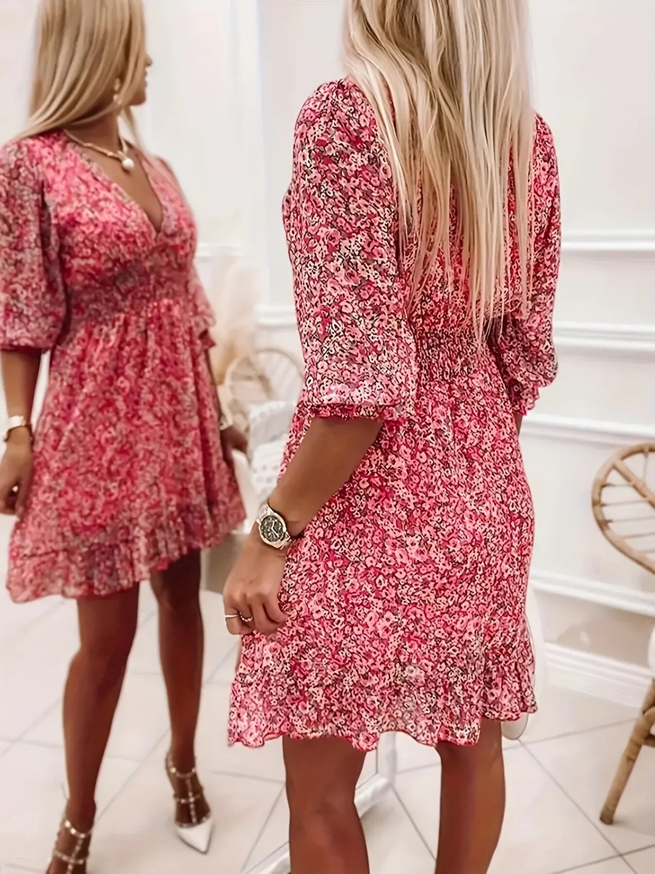 2023 Half Sleeves Print Flowers Short Chiffon Dress