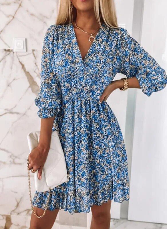 2023 Half Sleeves Print Flowers Short Chiffon Dress