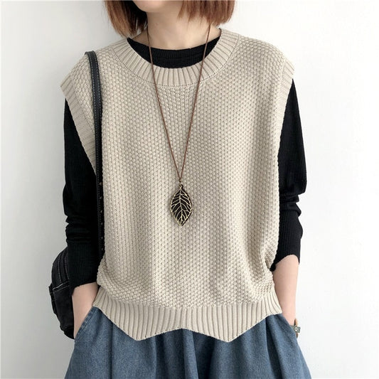 2023 Knitted Autumn Solid Color Loose Round Neck Irregular Pullover Short Vest