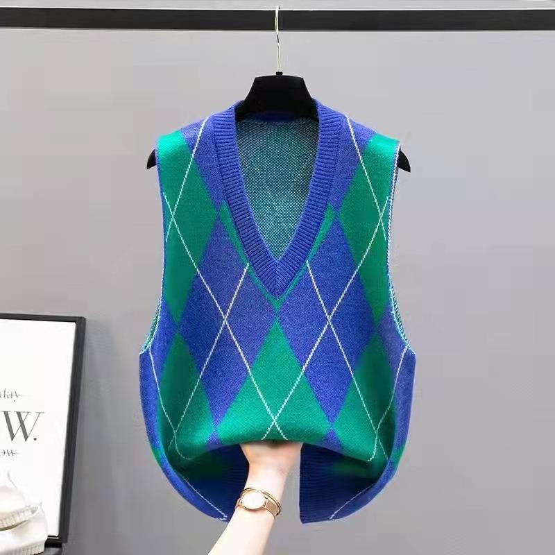 2023 New Outwear Tank Top Autumn Color Block Knitted Vest Women's V-neck Sweater