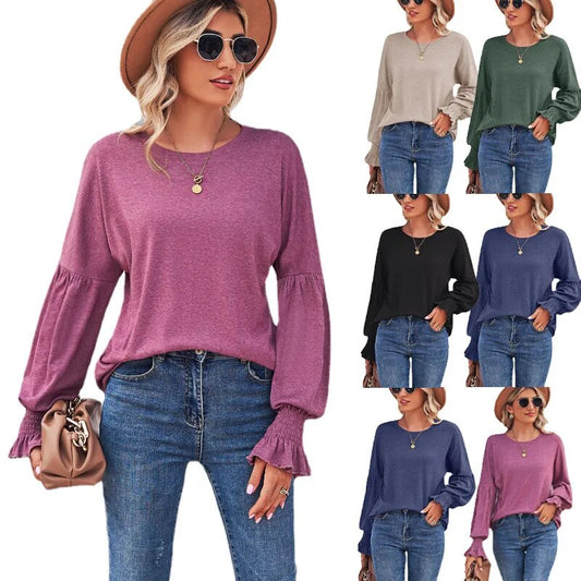 2023 New Round Neck Flare Sleeves Solid Color T-shirt Women's Top