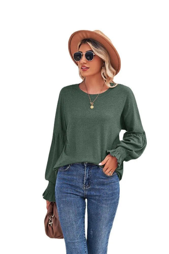 2023 New Round Neck Flare Sleeves Solid Color T-shirt Women's Top