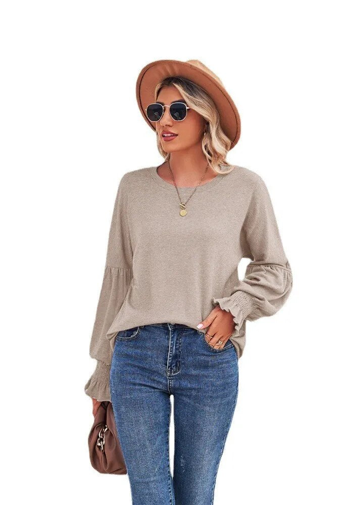 2023 New Round Neck Flare Sleeves Solid Color T-shirt Women's Top