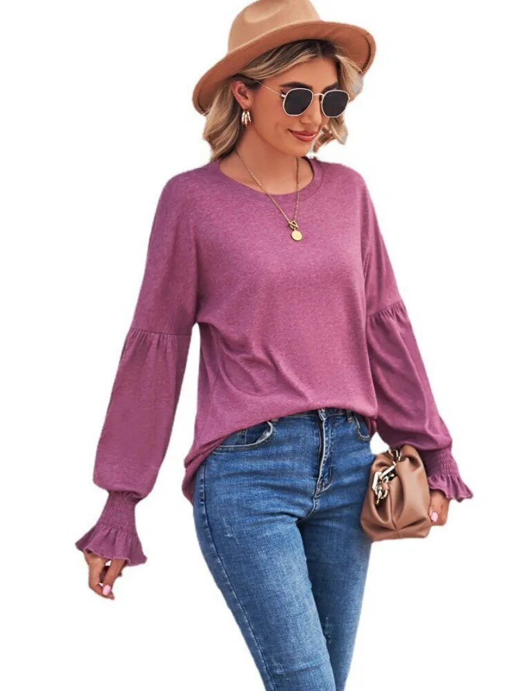 2023 New Round Neck Flare Sleeves Solid Color T-shirt Women's Top