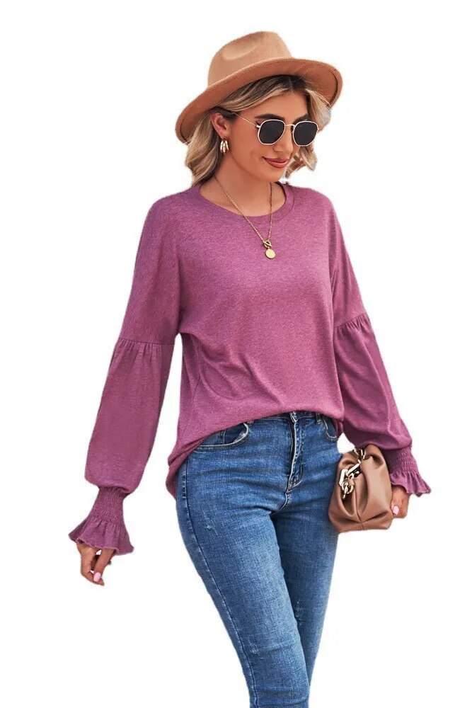 2023 New Round Neck Flare Sleeves Solid Color T-shirt Women's Top