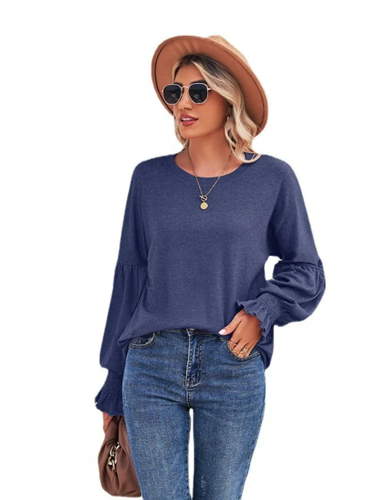 2023 New Round Neck Flare Sleeves Solid Color T-shirt Women's Top