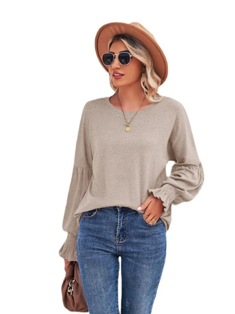 2023 New Round Neck Flare Sleeves Solid Color T-shirt Women's Top