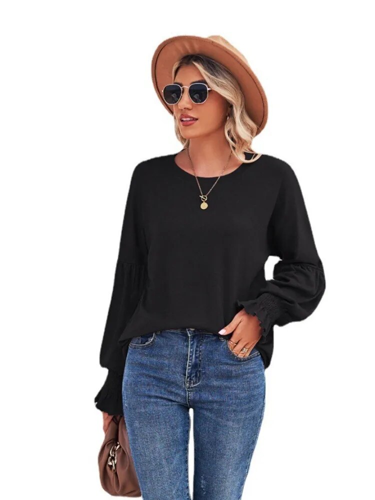 2023 New Round Neck Flare Sleeves Solid Color T-shirt Women's Top