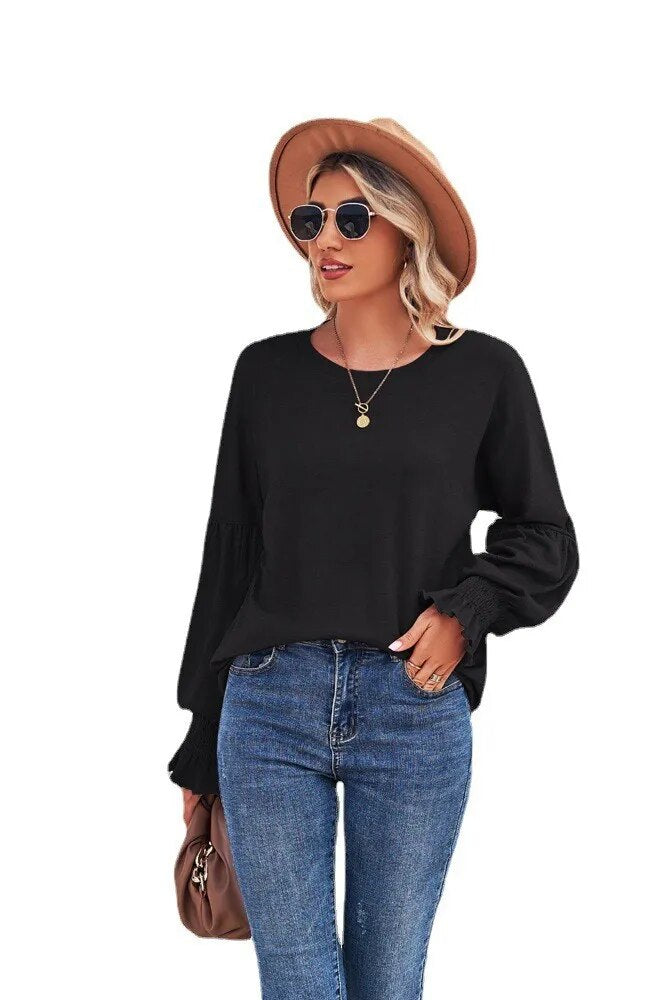 2023 New Round Neck Flare Sleeves Solid Color T-shirt Women's Top