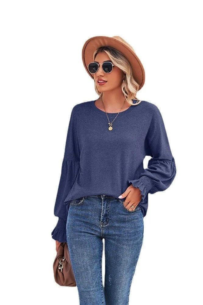 2023 New Round Neck Flare Sleeves Solid Color T-shirt Women's Top