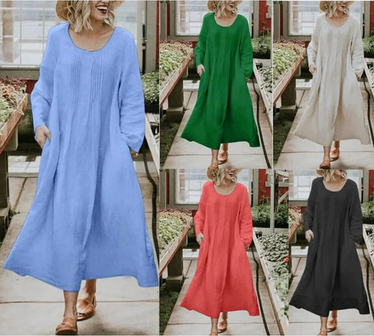 2023 New Round Neck Ruffle Pocket Solid Color Long Sleeve Cotton Linen Dress