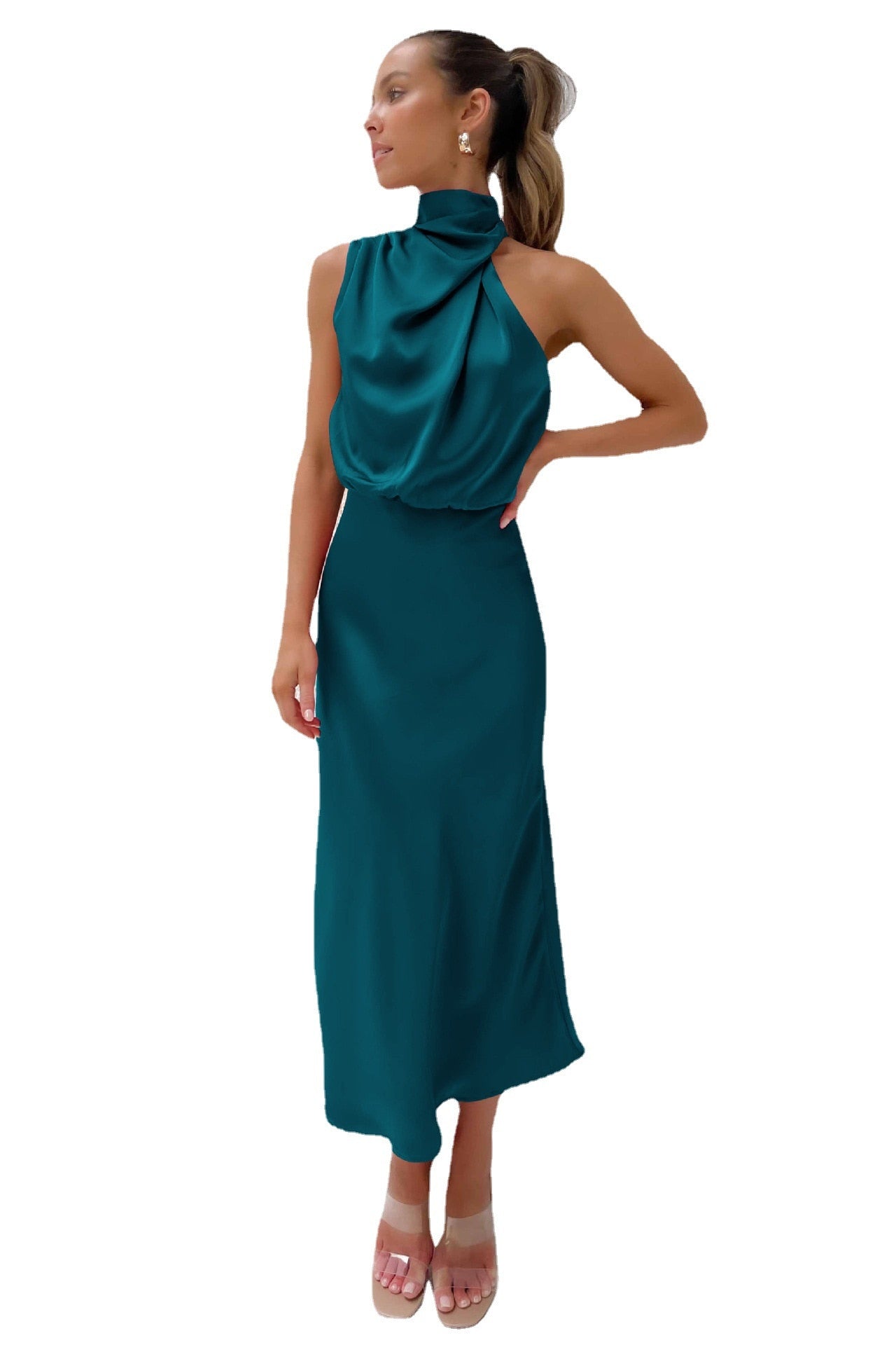 2023 New Satin Halter Elegant Tee Length Evening Bridesmaid Dress