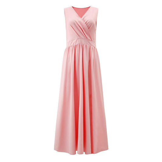 2023 New Summer Solid Color Ruched Split V-neck Long Dress