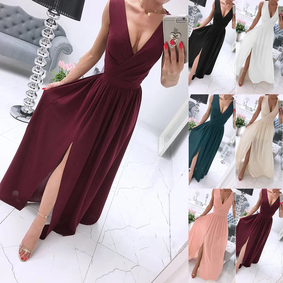 2023 New Summer Solid Color Ruched Split V-neck Long Dress