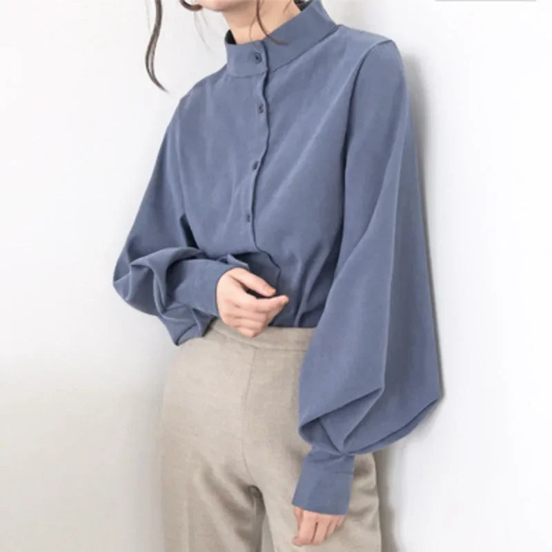 2023 Retro Single Breasted Lantern Sleeves Versatile Loose Casual Shirt Women's Top