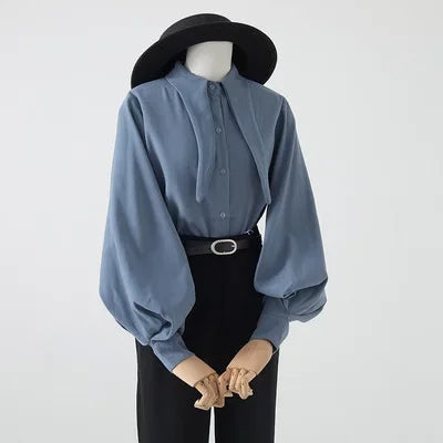 2023 Retro Single Breasted Lantern Sleeves Versatile Loose Casual Shirt Women's Top