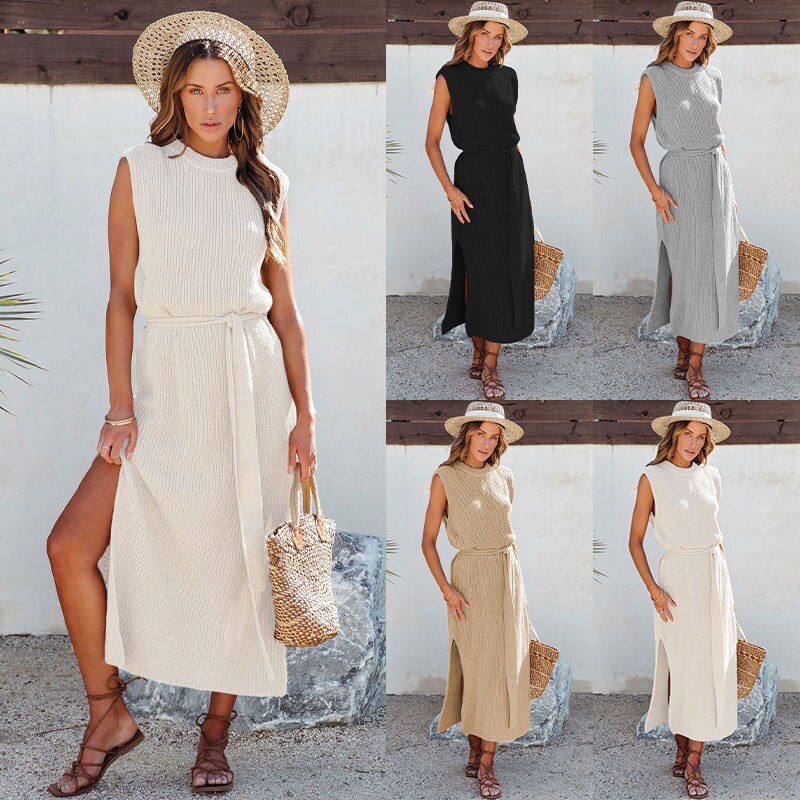 2023 Spring and Autumn New Solid Color Round Neck Split Knit Tee Length Dress