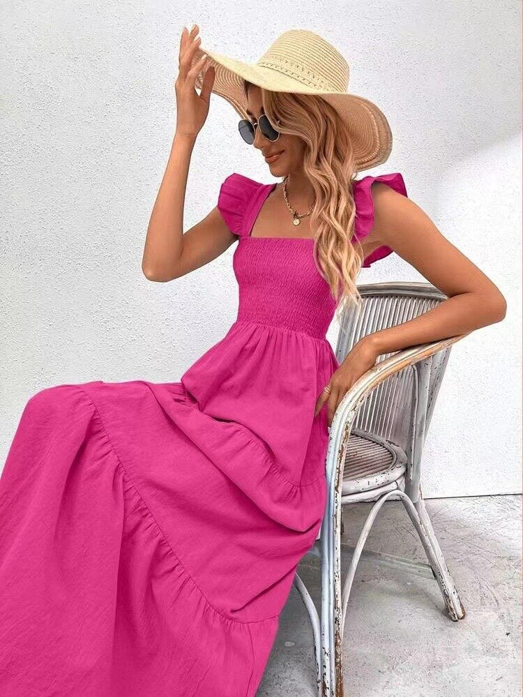 2023 Summer High Waist Open Back Ruched Long Cake Dress