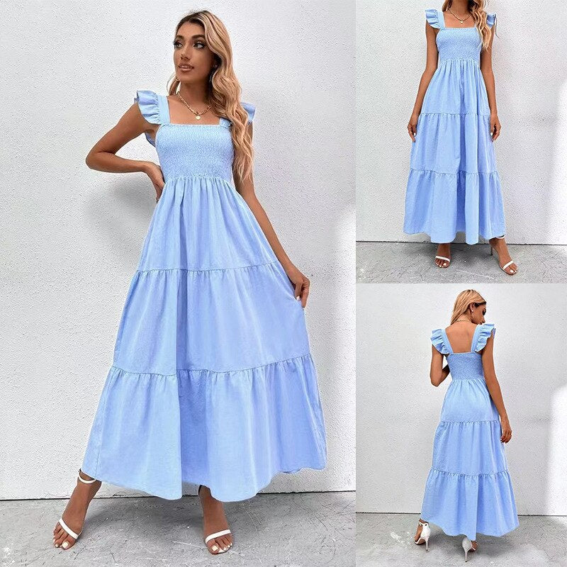 2023 Summer High Waist Open Back Ruched Long Cake Dress