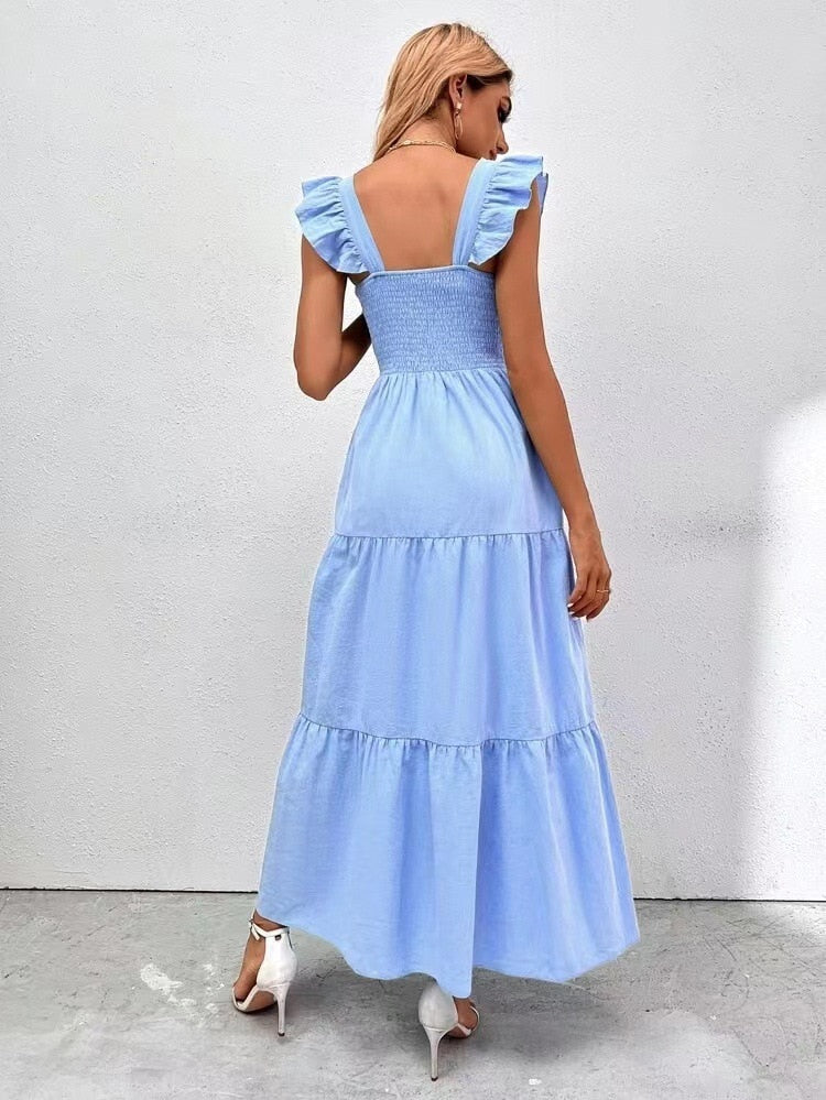 2023 Summer High Waist Open Back Ruched Long Cake Dress