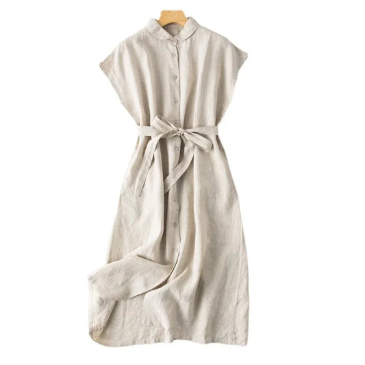 2023 Summer New Literary Loose Solid Cotton Linen Polo Sleeveless Mid Length Dress for Women