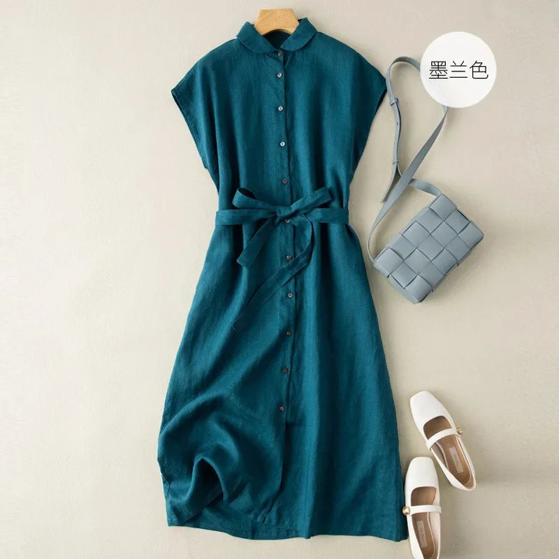 2023 Summer New Literary Loose Solid Cotton Linen Polo Sleeveless Mid Length Dress for Women