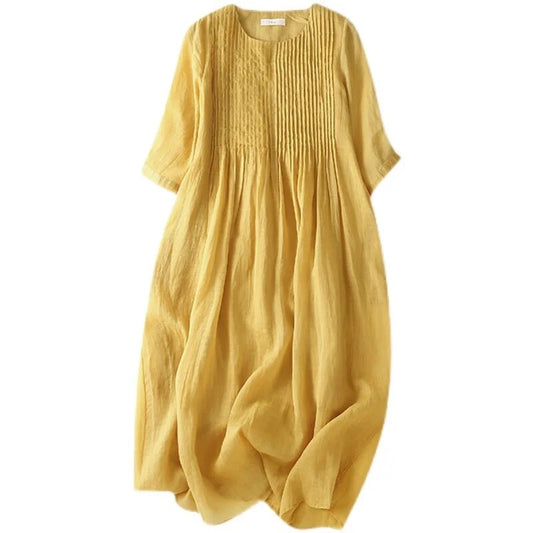 2023 Summer New Literary Retro Pleated Cotton Linen Large Size Loose Long Dress