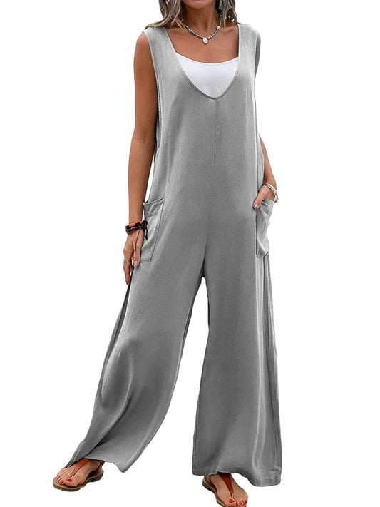 2023 Summer New Solid Color Pocket Fashion Jumpsuit V-neck Wide-leg Pants Women